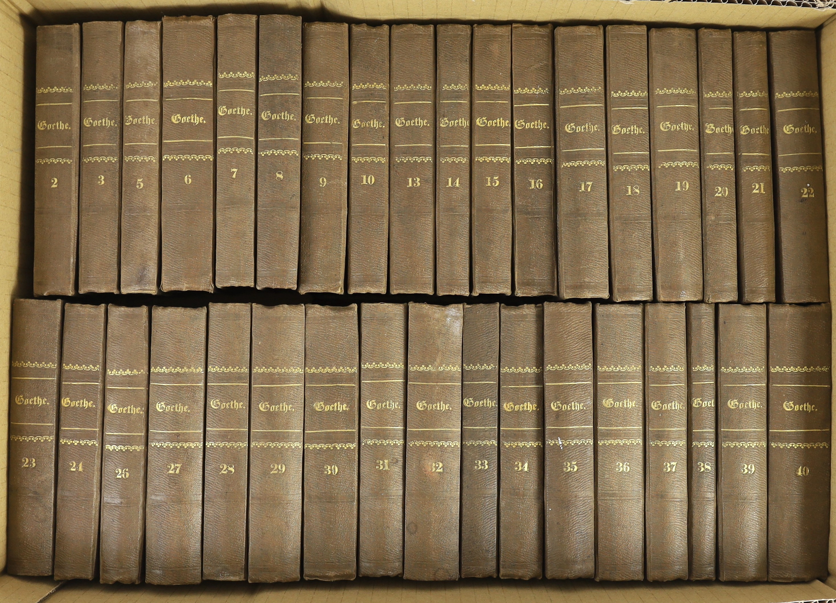 Goethe, Johanna Wolfgang - The Works in German, 35 vols (of 40), 12mo, half cloth, gilt embossed spines, Cotta’scher Verlag, Stuttgart and Augsburg, 1855